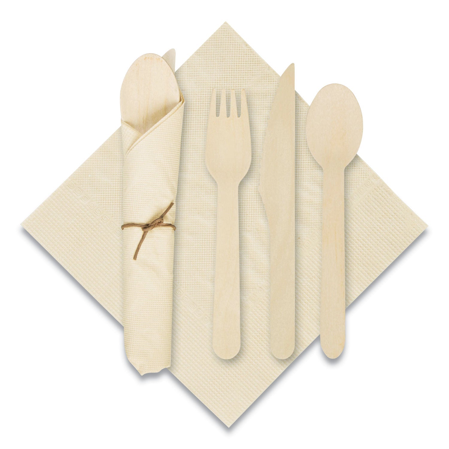 Hoffmaster Pre-Rolled Caterwrap Kraft Napkins with Wood Cutlery, 6 x 12 Napkin;Fork;Knife;Spoon, 7" to 9", Kraft, 100/Carton