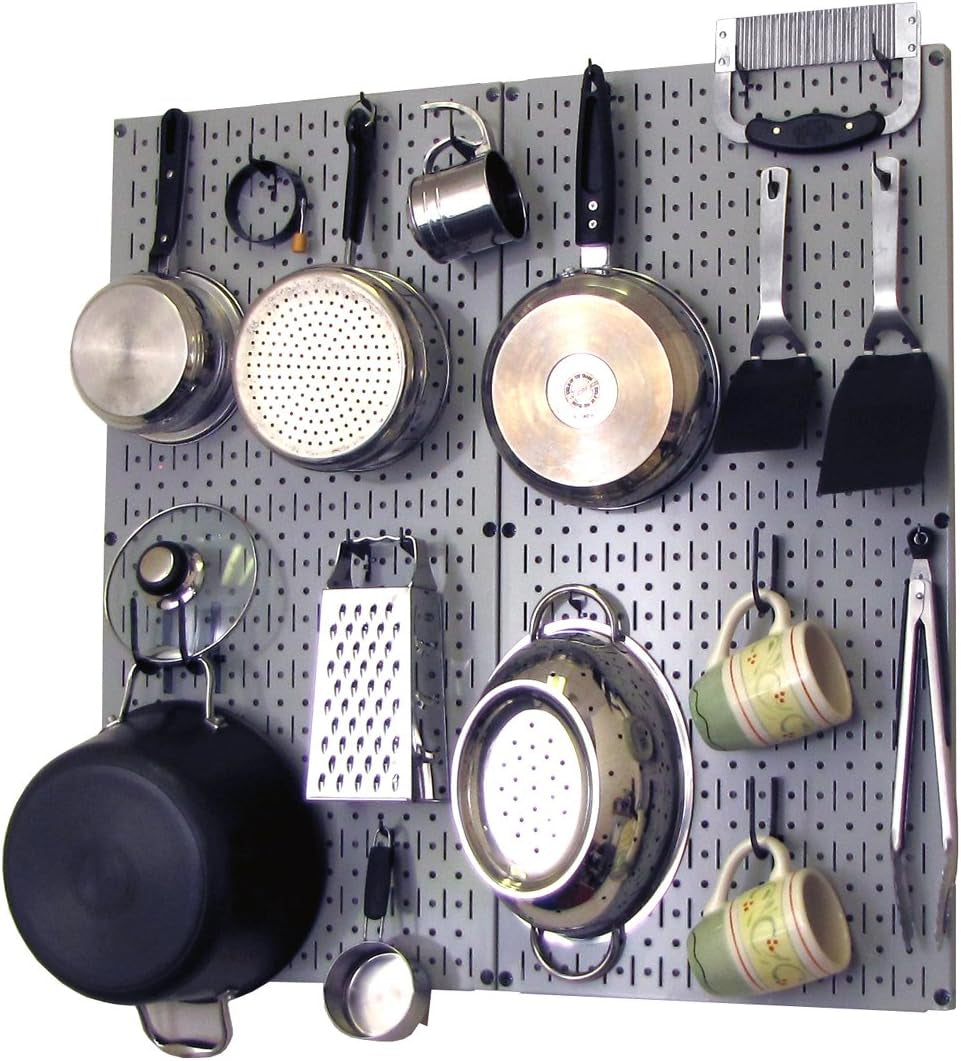 Kitchen Pegboard Organizer Pots and Pans Storage Rack Organization Kit with Grey Pegboard and Black Accessories